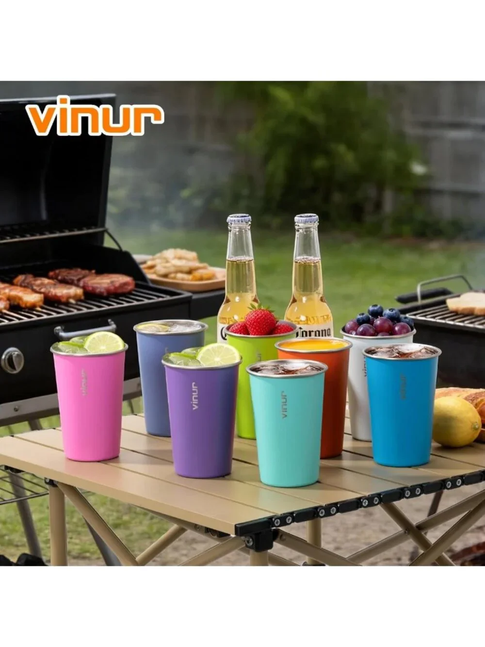 Colorful 16 oz Stainless Steel Stackable Drinking Glasses - Set of 8 Metal Cups